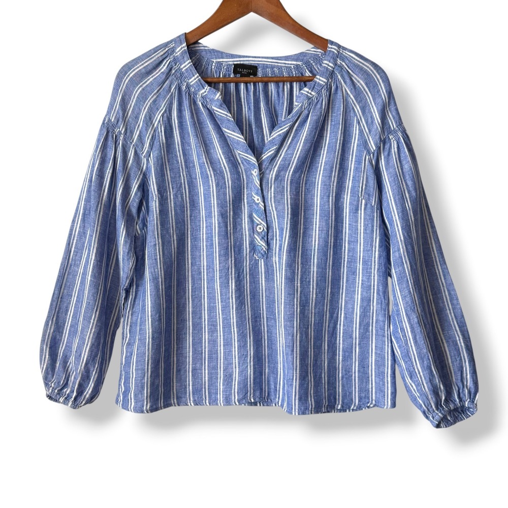 Talbots Petite 100% Linen Blouse SP Blue White Stripe Henley Popover Top Coastal